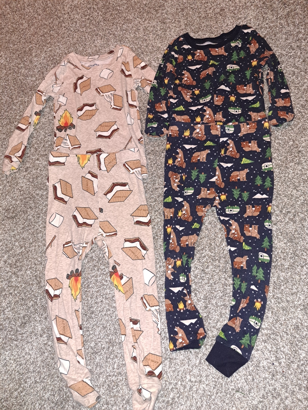 Kids Long Sleeve One-Piece Pajamas - S'mores Print Beige & Forest Print Navy